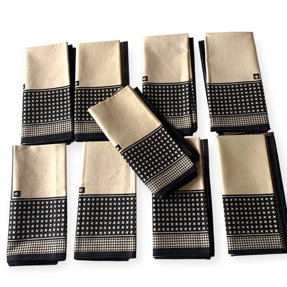 Vintage 80s Set of 9 Anne Klein Fabric Napkins Tan Black Houndstooth Lion Logo